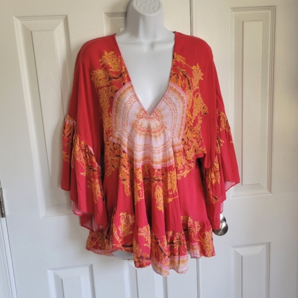 Free People Sunset Dreams boho print bell sleeve salmon color top women's‎ XS - Picture 3 of 16